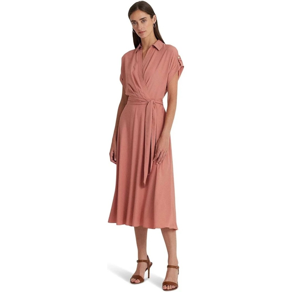 Lauren Ralph Lauren Roll Tab Sleeve Surplice Crepe Dress Pink Size 14 New